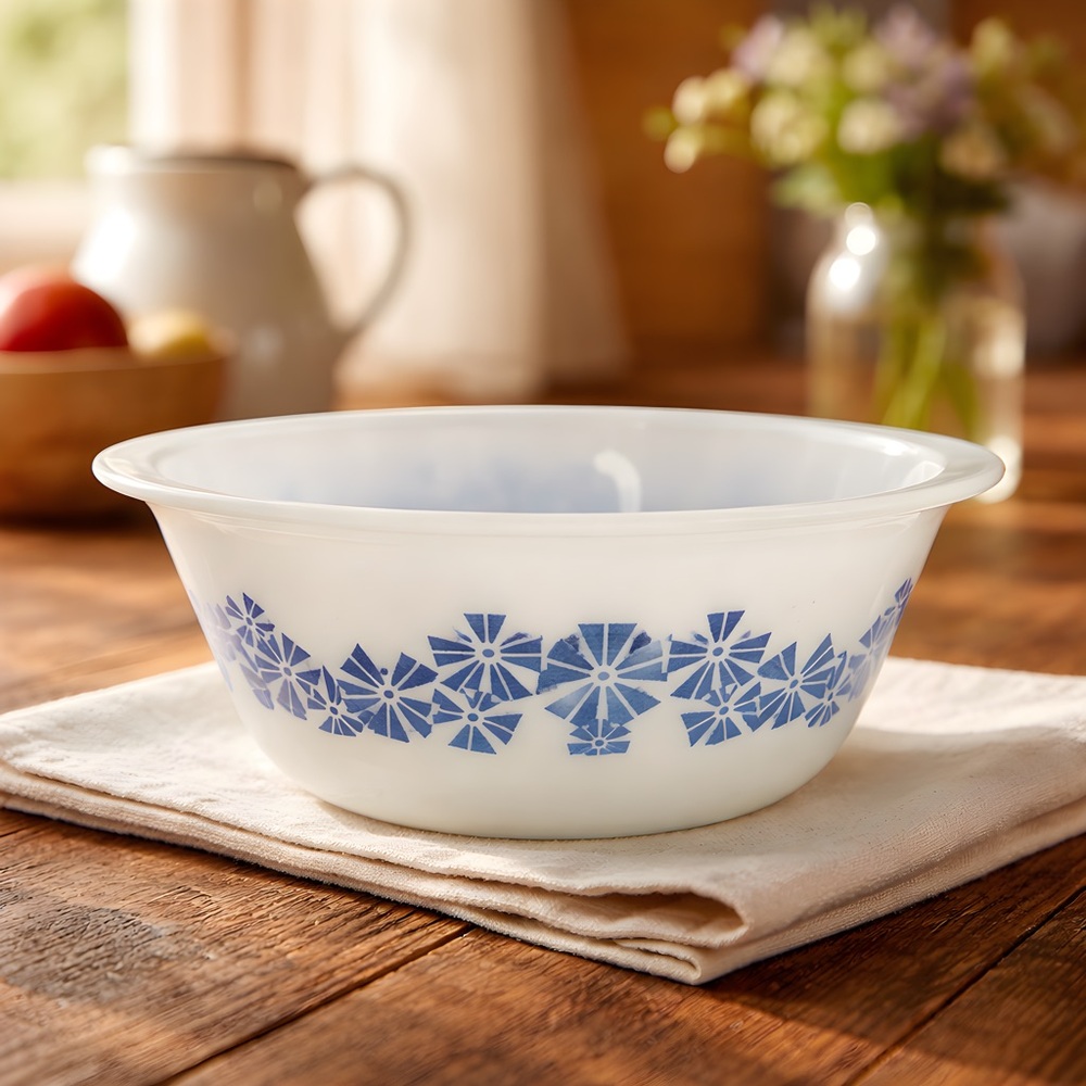 Vintage GlasBake Milk Glass Casserole Dish: Blue Pinwheel
